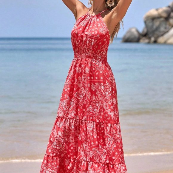 Paisley Print Ruffle Hem Halter Dress - Picture 4 of 9